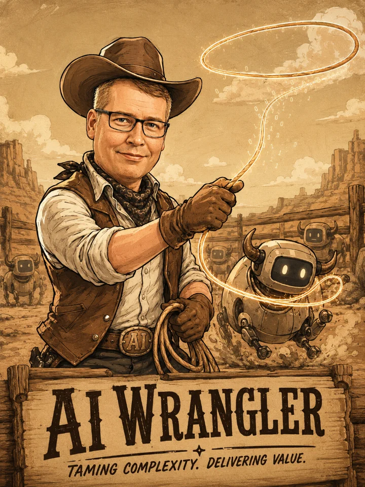 The AI Wrangler — illustrated portrait